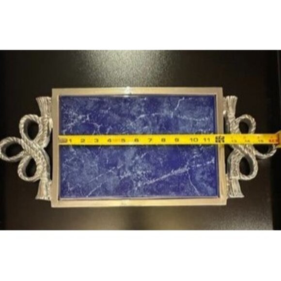 Vtg Lamosa Mexican Serving Tray Blue Marble Pewter Ornate Handles Handmade‎ - Picture 9 of 12